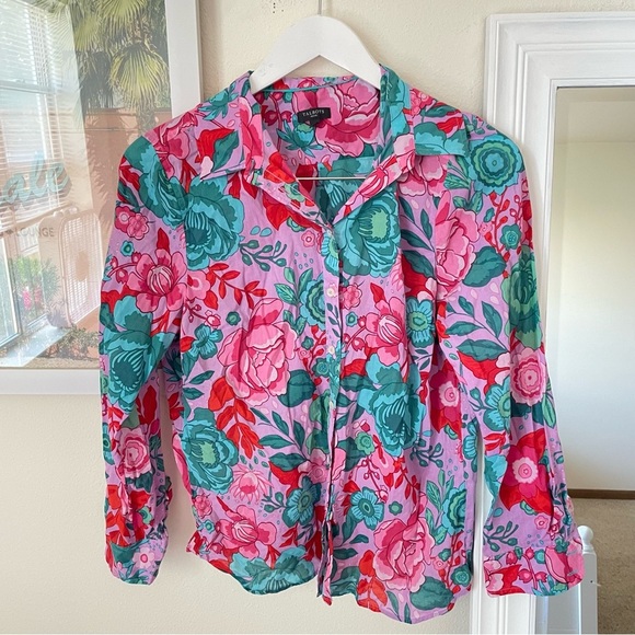 Talbots Button Front Cotton Long Sleeve Top Sketched Blooms Large Petite - Picture 2 of 4